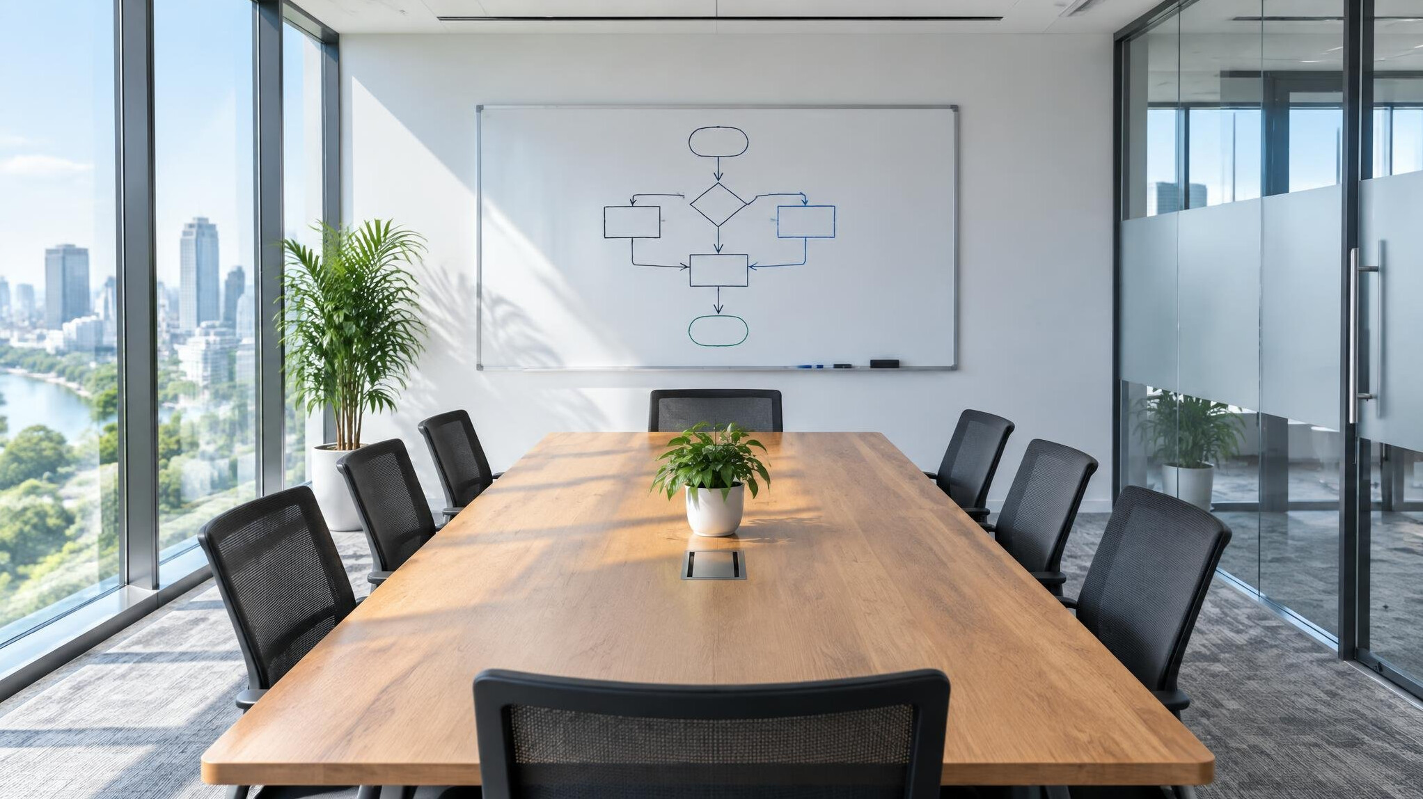 Empty glass meeting room with a table and whiteboard