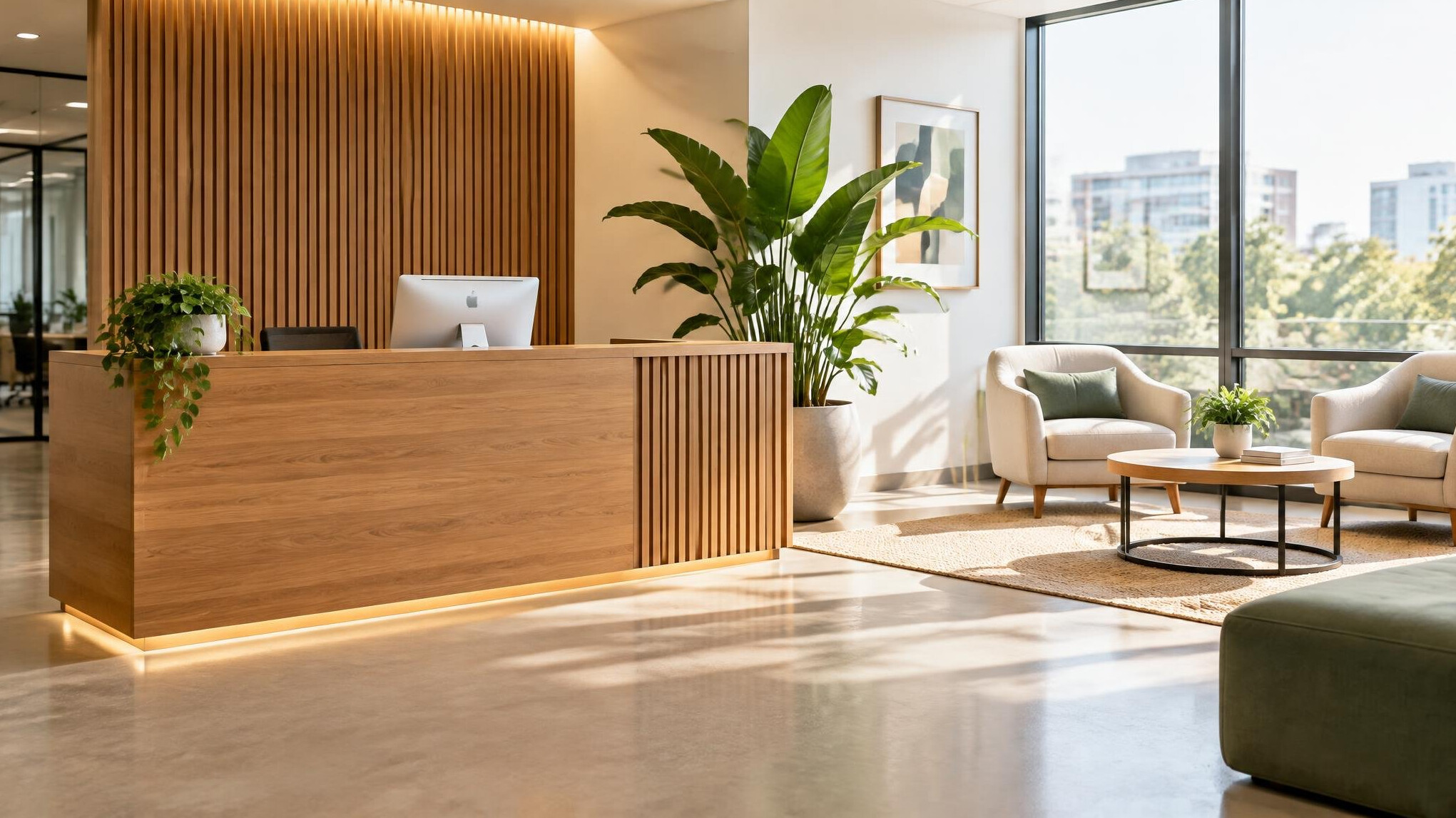 Bright office reception area with a plant and a desk