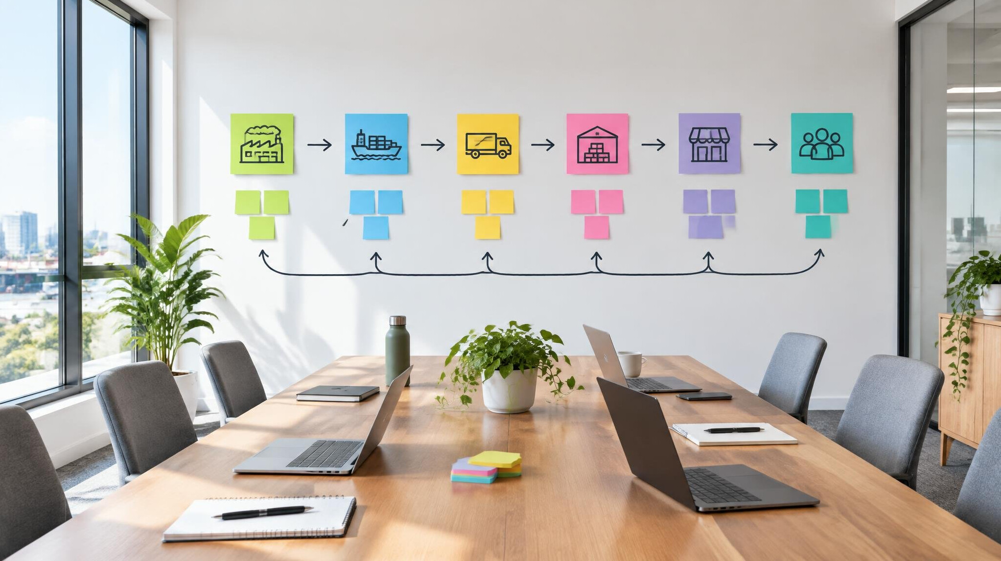Workshop wall with process flow and sticky notes in a bright meeting room